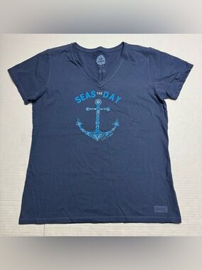 Life is Good Seas The Day Anchor Cotton V-Neck Crusher Tee In Blue Size: M